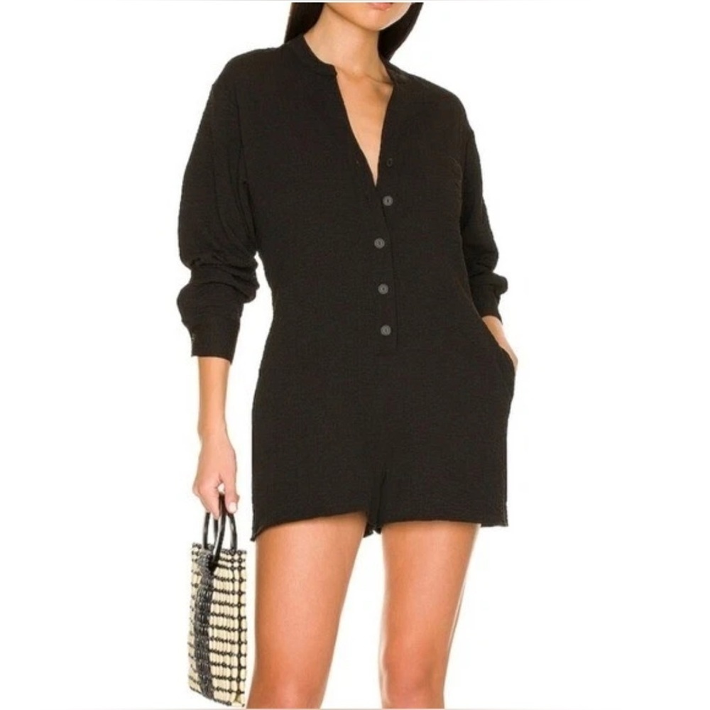 ONIA Womens Black Jumpsuit Size XS Button Down Romper Crinkle Gauge Shorts